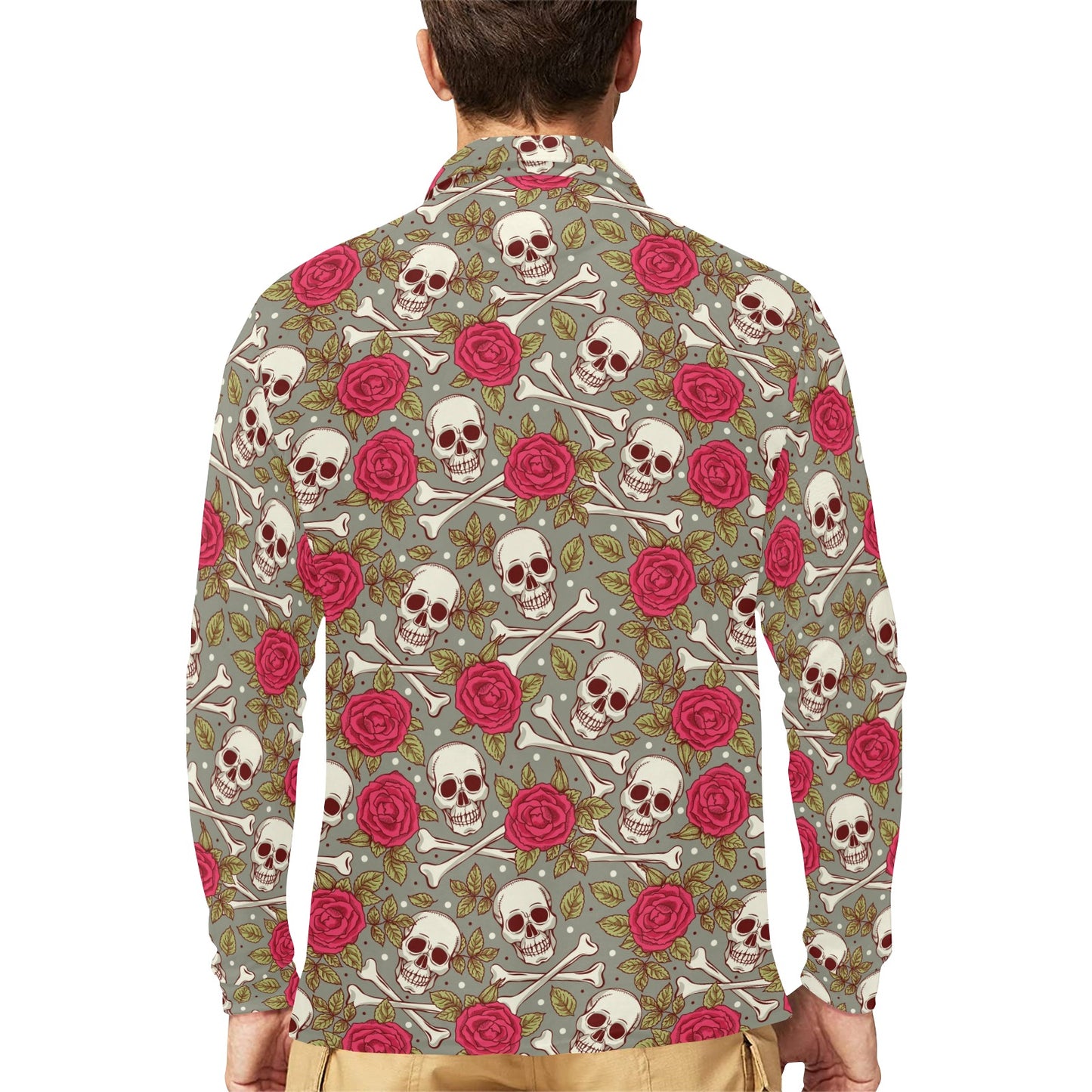 Skull Bone Rose Print Design LKS303 Long Sleeve Polo Shirt For Men's