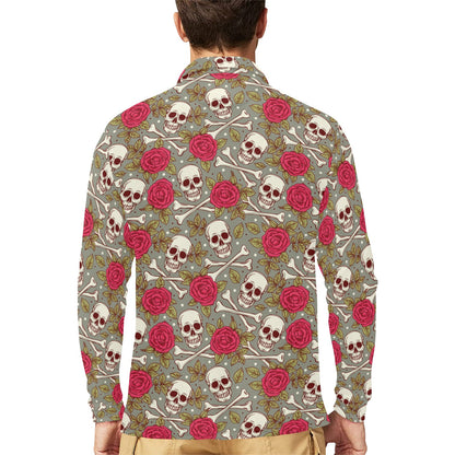 Skull Bone Rose Print Design LKS303 Long Sleeve Polo Shirt For Men's