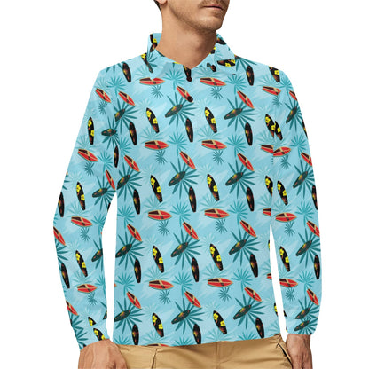 Surfboard Themed Pattern Long Sleeve Polo Shirt For Men's