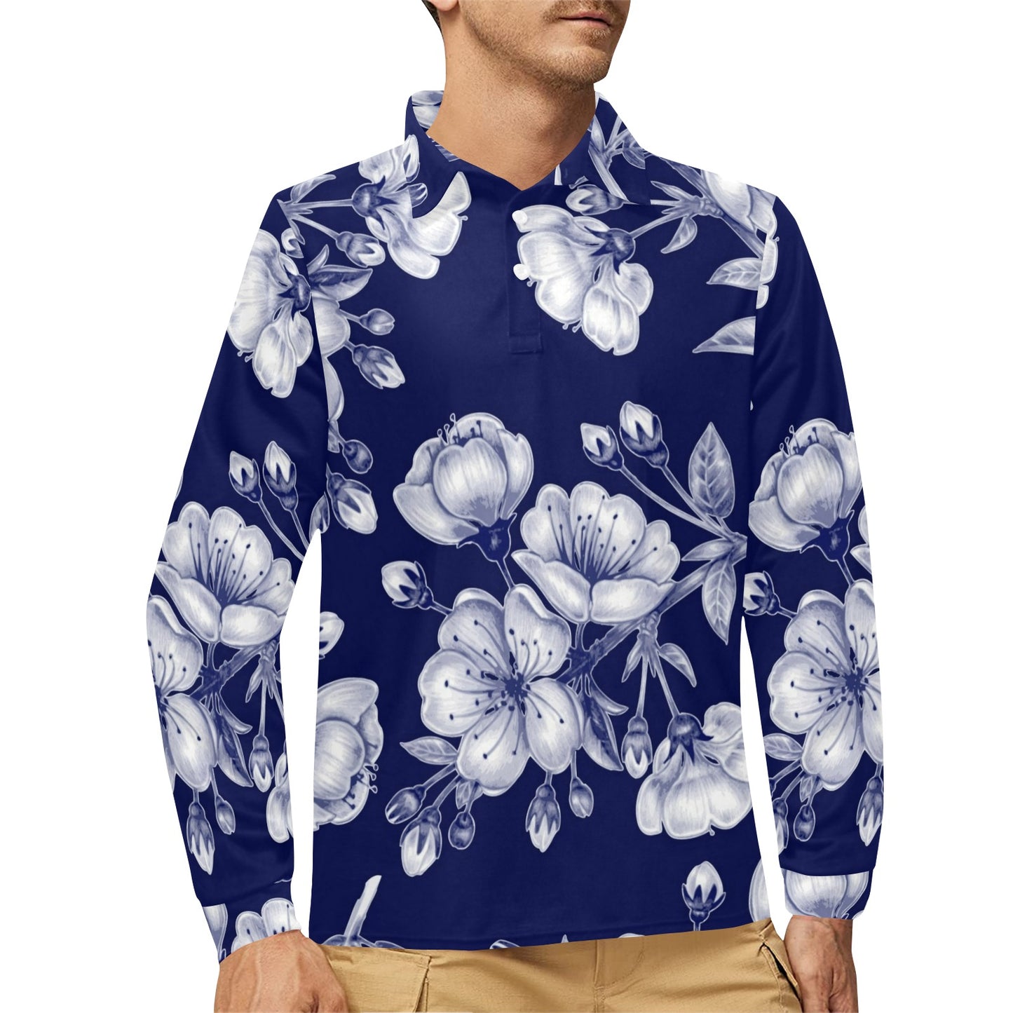 Cherry Blossom Pattern Print Design CB01 Long Sleeve Polo Shirt For Men's