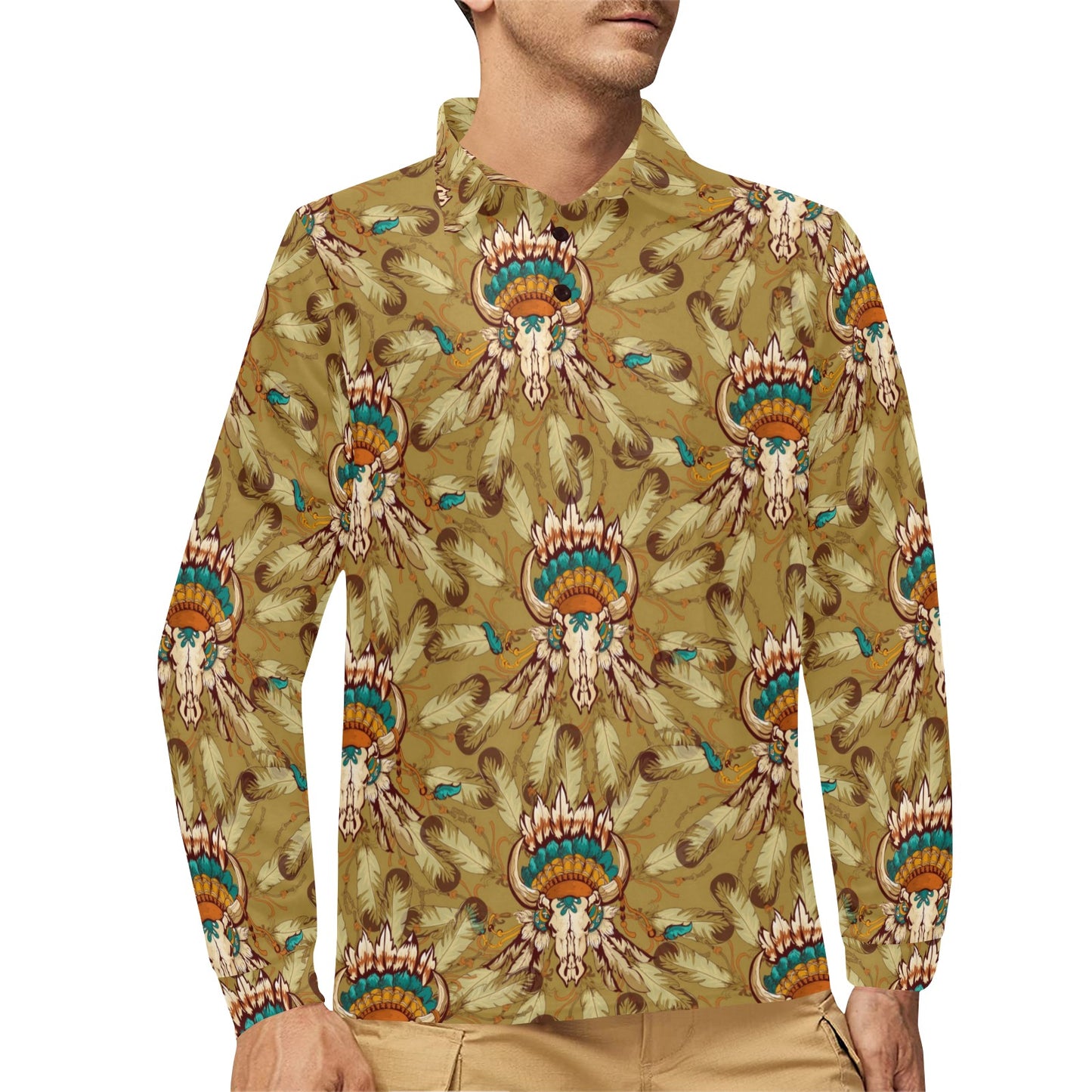 Native Indian Buffalo head Long Sleeve Polo Shirt For Men's
