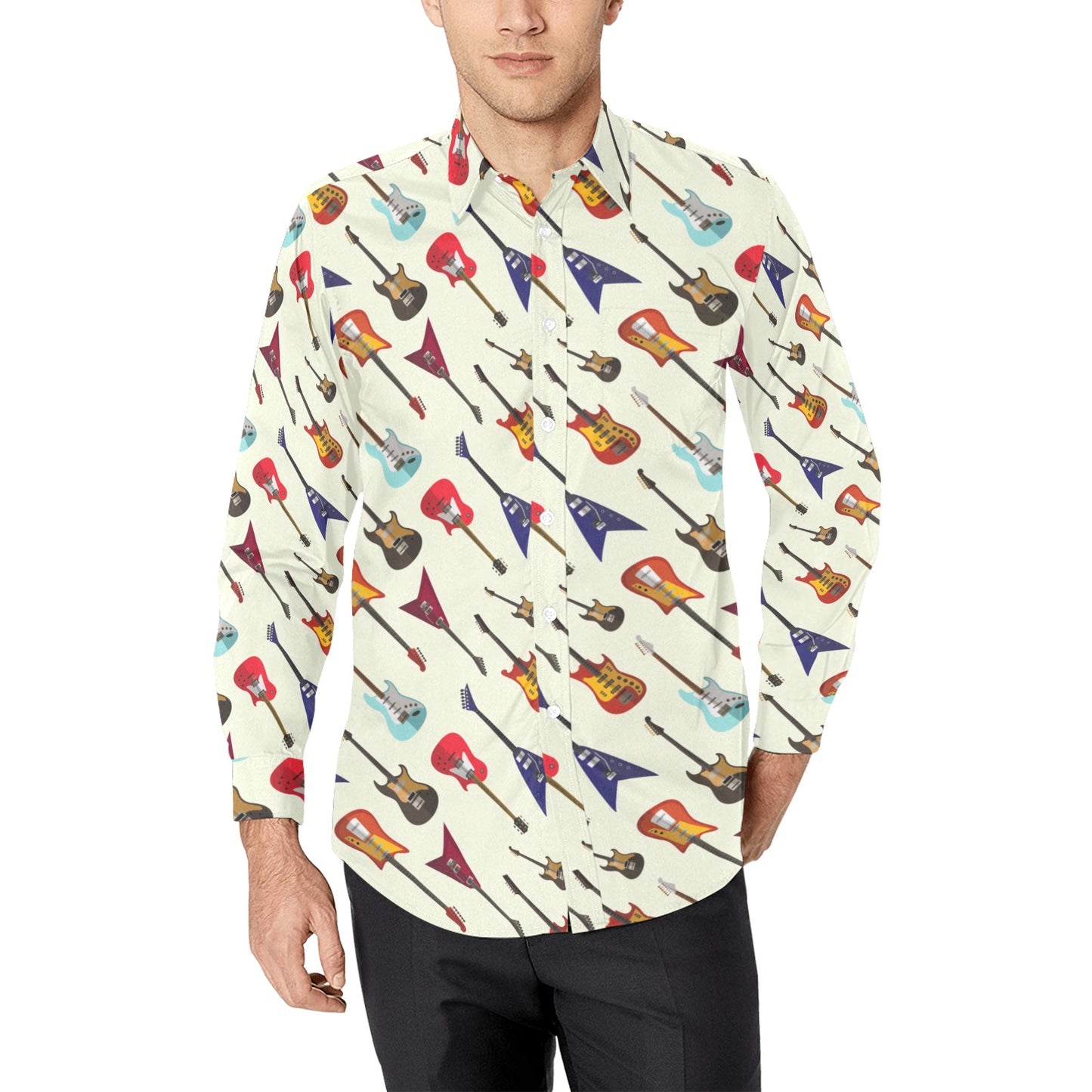 Electric Guitar Print Design LKS404 Men's Long Sleeve Dress Shirt