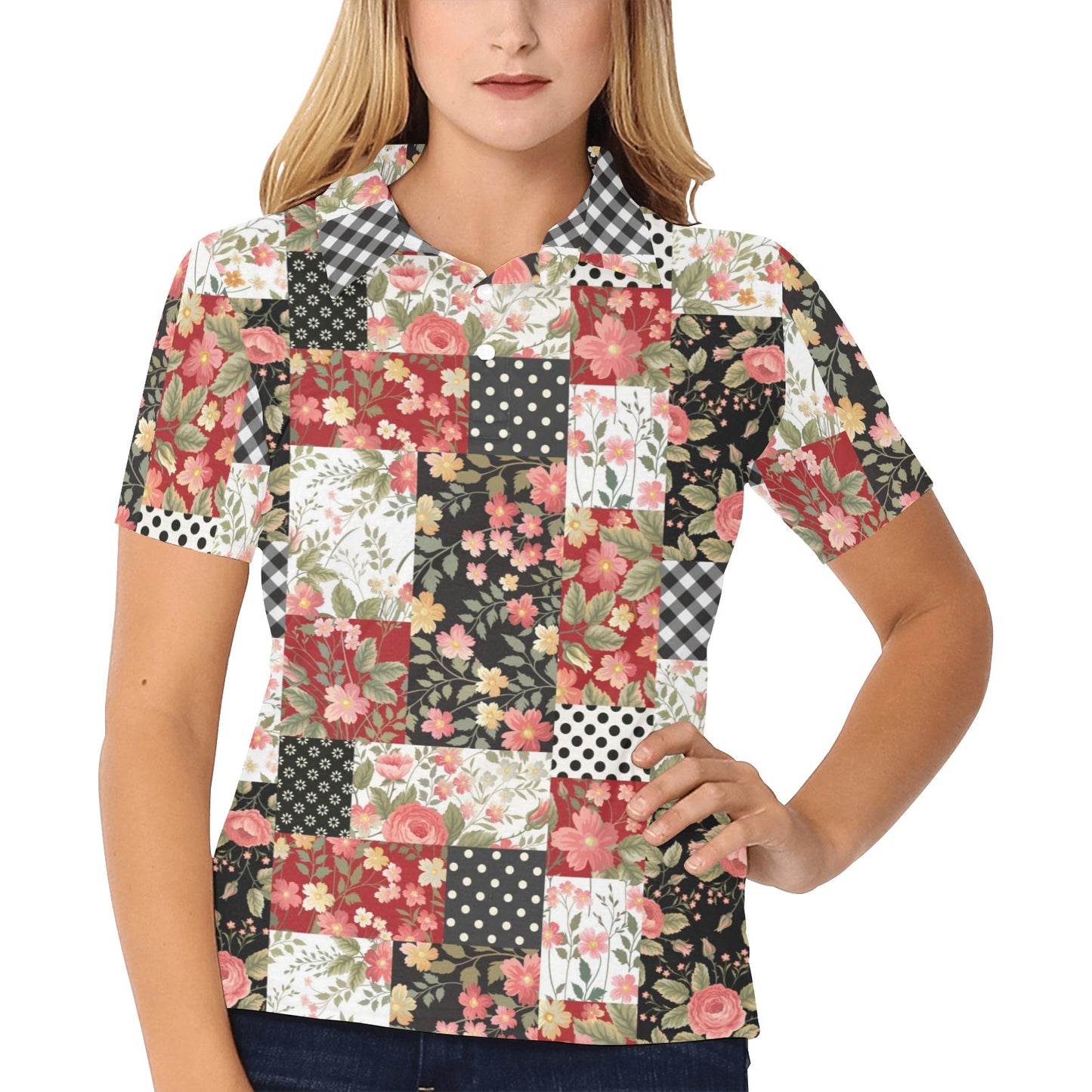 Patchwork Flower Pattern Print Design 03 Women's Polo Shirt