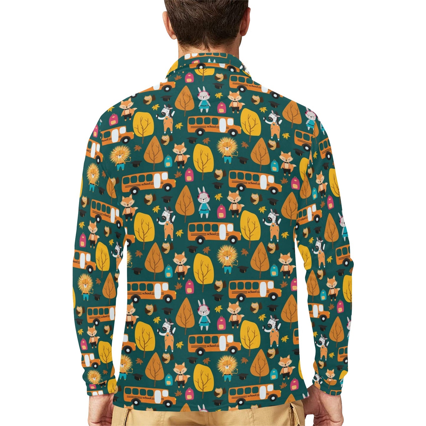 School Bus Print Design LKS309 Long Sleeve Polo Shirt For Men's
