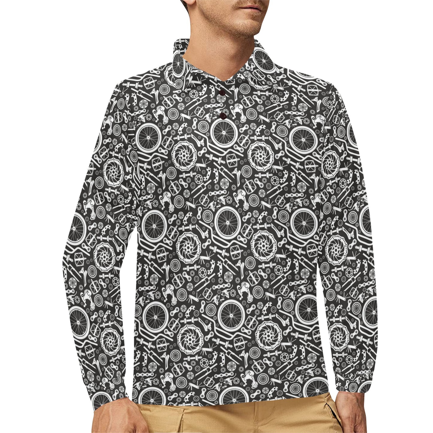 Bicycle Tools Pattern Print Design 02 Long Sleeve Polo Shirt For Men's