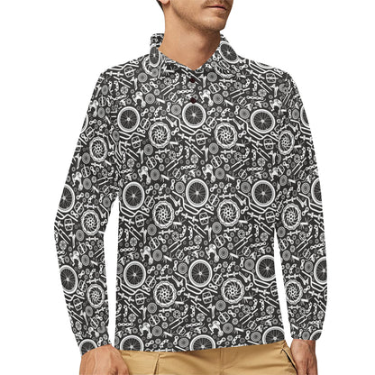 Bicycle Tools Pattern Print Design 02 Long Sleeve Polo Shirt For Men's
