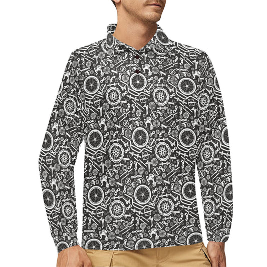 Bicycle Tools Pattern Print Design 02 Long Sleeve Polo Shirt For Men's