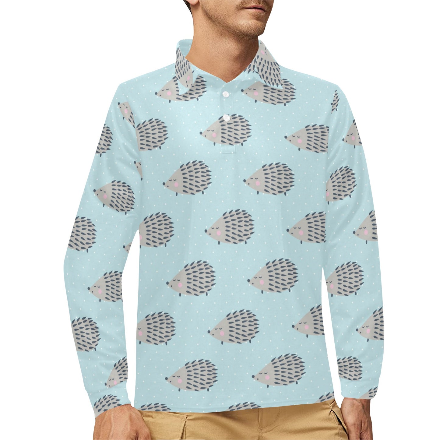 Hedgehog Pattern Print Design 02 Long Sleeve Polo Shirt For Men's