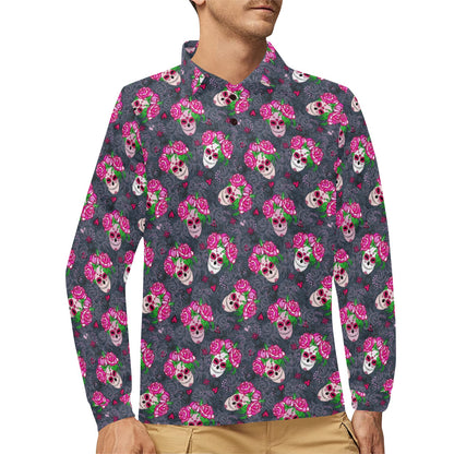 Sugar Skull Pink Rose Themed Print Long Sleeve Polo Shirt For Men's