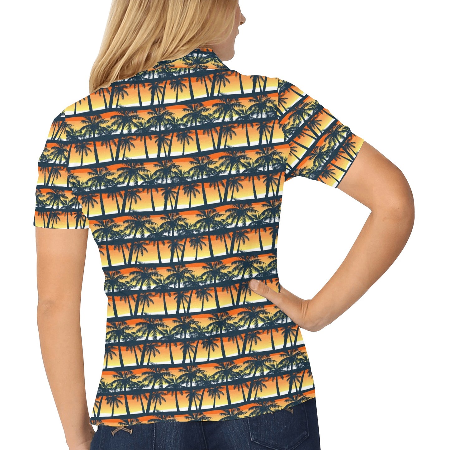 Palm Tree Sunset Design Print Women's Polo Shirt