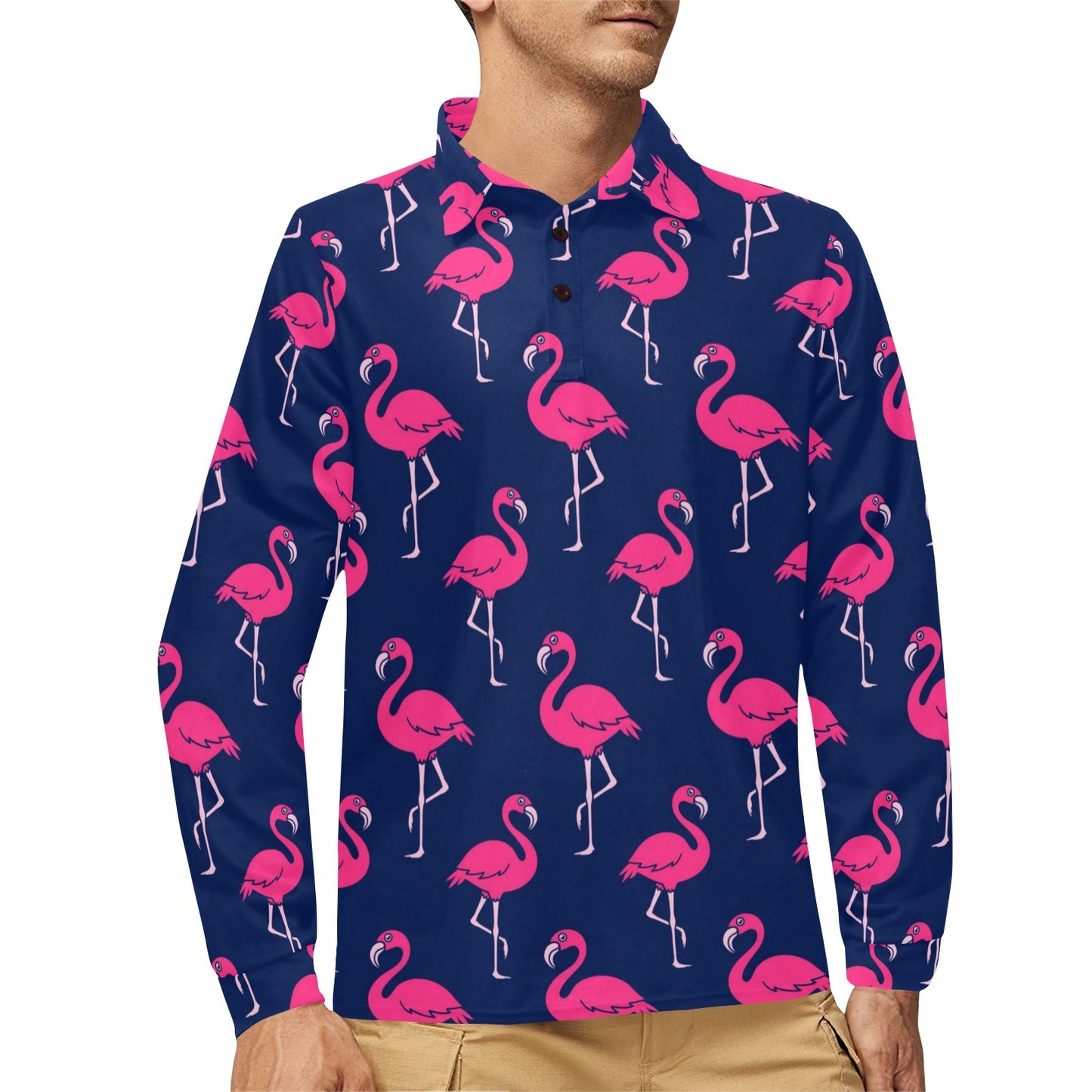 Pink Flamingo Pattern Long Sleeve Polo Shirt For Men's