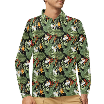Bird Of Paradise Pattern Print Design 02 Long Sleeve Polo Shirt For Men's