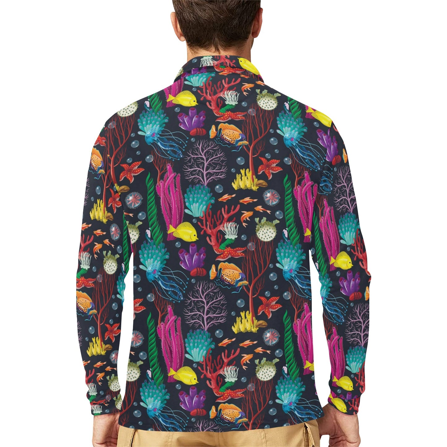 Underwater Cute Print Design LKS303 Long Sleeve Polo Shirt For Men's