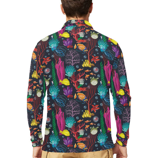 Underwater Cute Print Design LKS303 Long Sleeve Polo Shirt For Men's