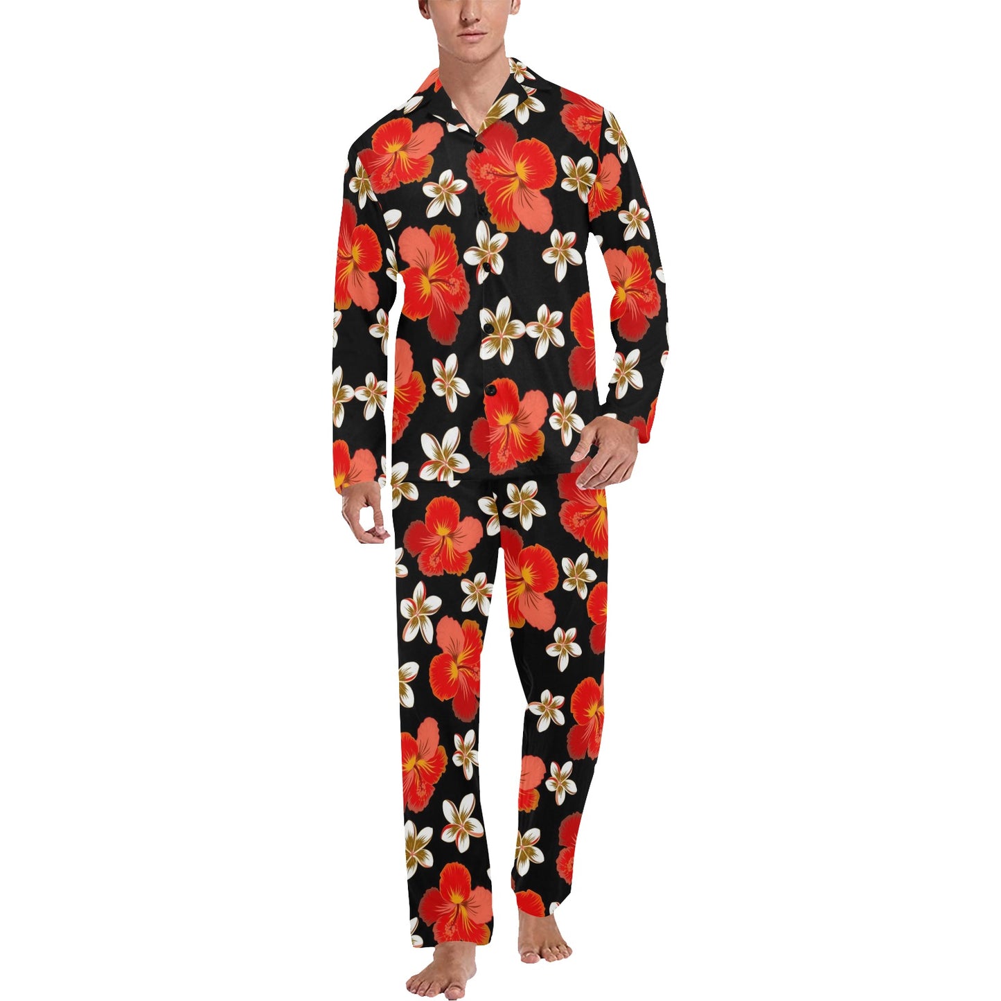Red Hibiscus Pattern Print Design HB022 Men's Long Pajama Set