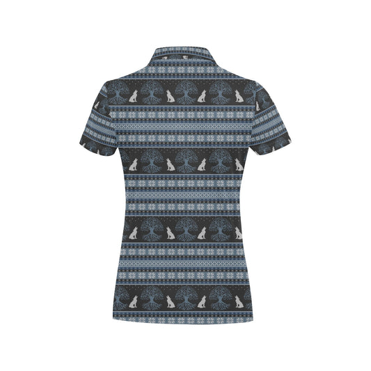 Wolf Tree of Life Knit Design Print Women's Polo Shirt