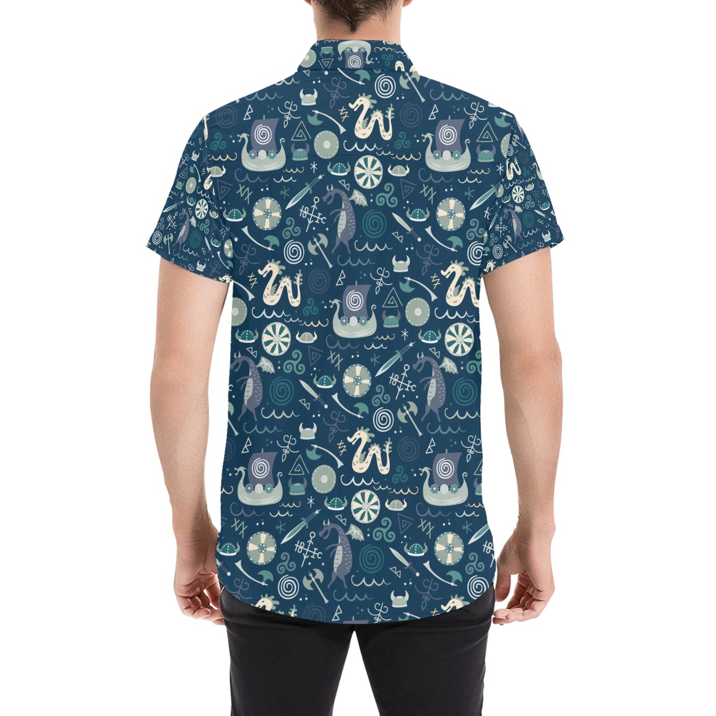 Vikings Print Design LKS305 Men Short Sleeve Button Up Shirt