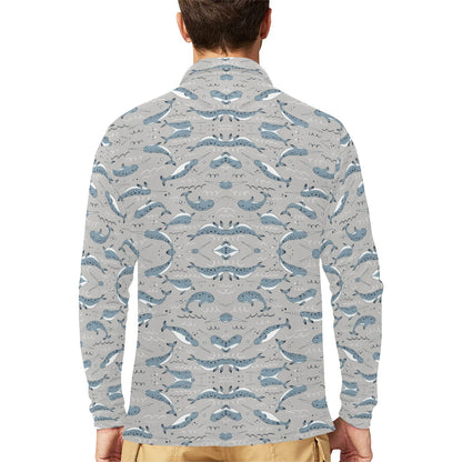 Narwhal Pattern Print Long Sleeve Polo Shirt For Men's