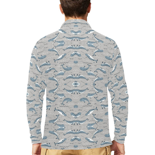Narwhal Pattern Print Long Sleeve Polo Shirt For Men's