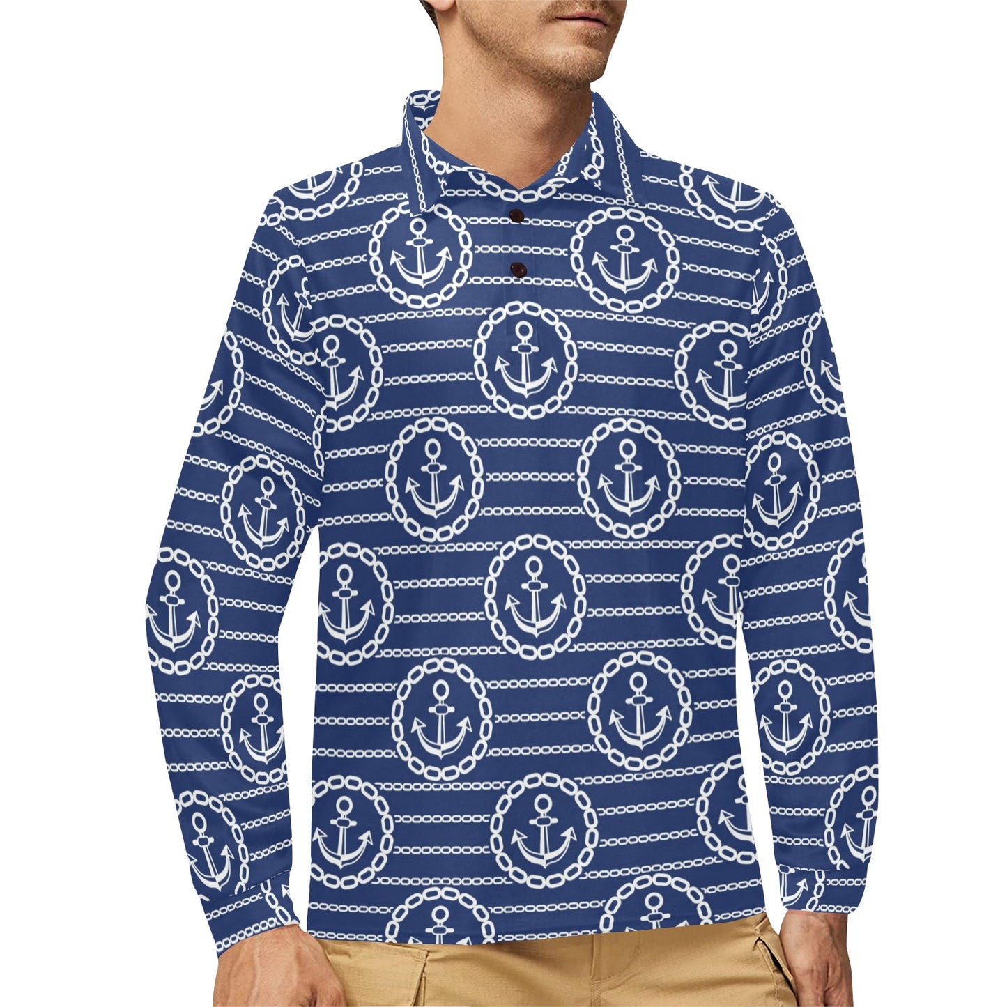 Anchor Stripe Pattern Long Sleeve Polo Shirt For Men's