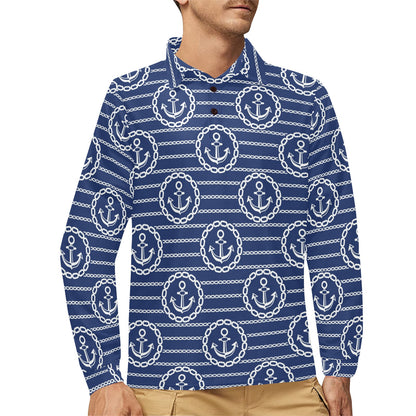 Anchor Stripe Pattern Long Sleeve Polo Shirt For Men's
