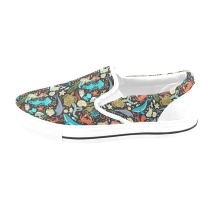 Underwater Animal Print Design LKS301 White Slip Ons Canvas Women's Shoes