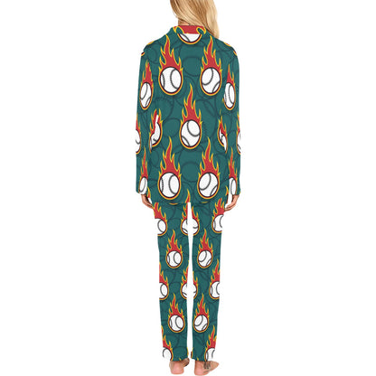Baseball Fire Print Pattern Women's Long Pajama Set