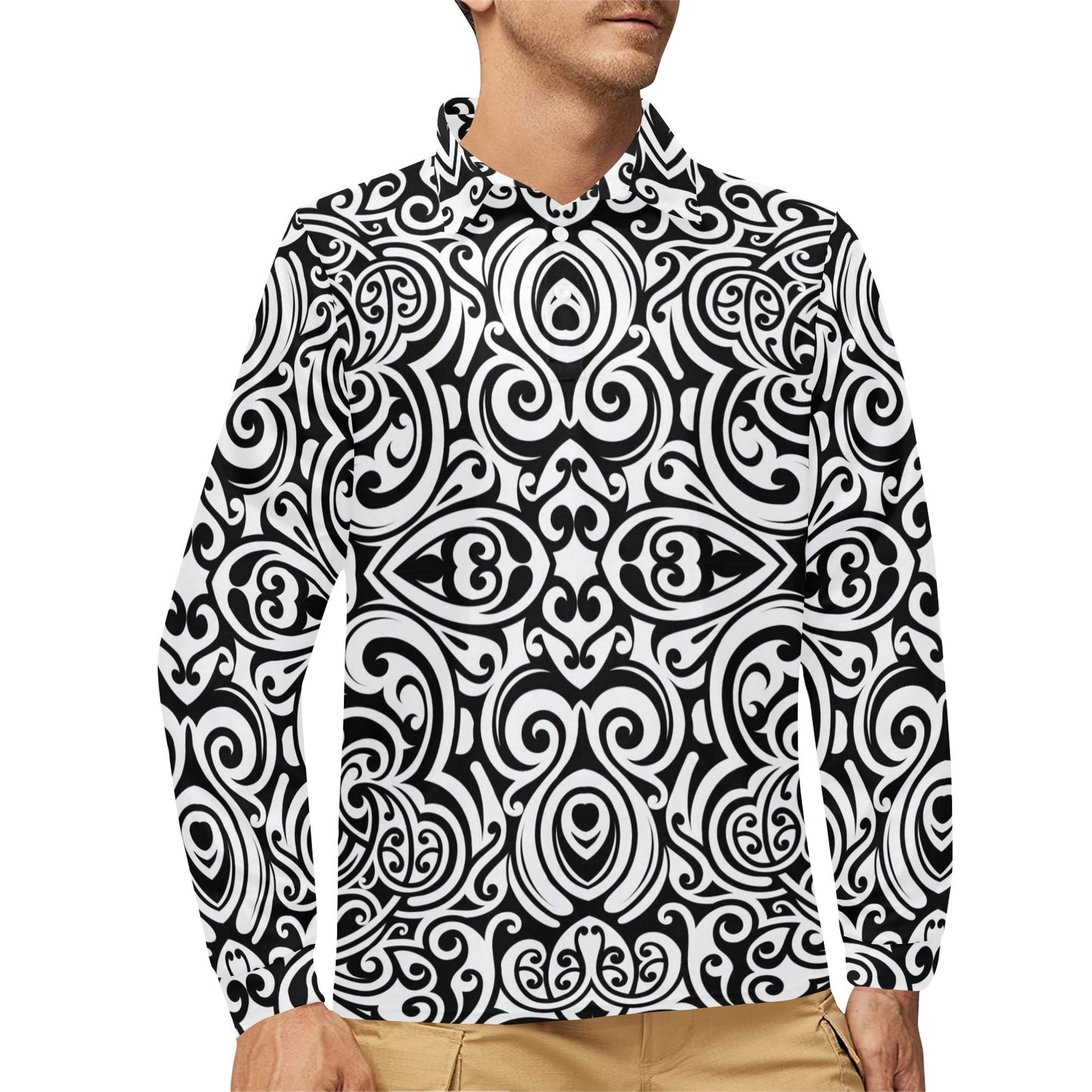 Polynesian Tattoo Pattern Long Sleeve Polo Shirt For Men's
