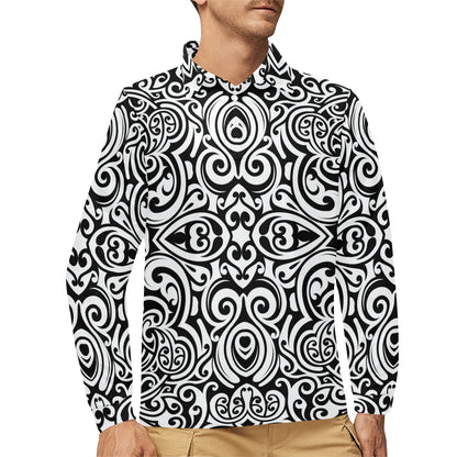 Polynesian Tattoo Pattern Long Sleeve Polo Shirt For Men's