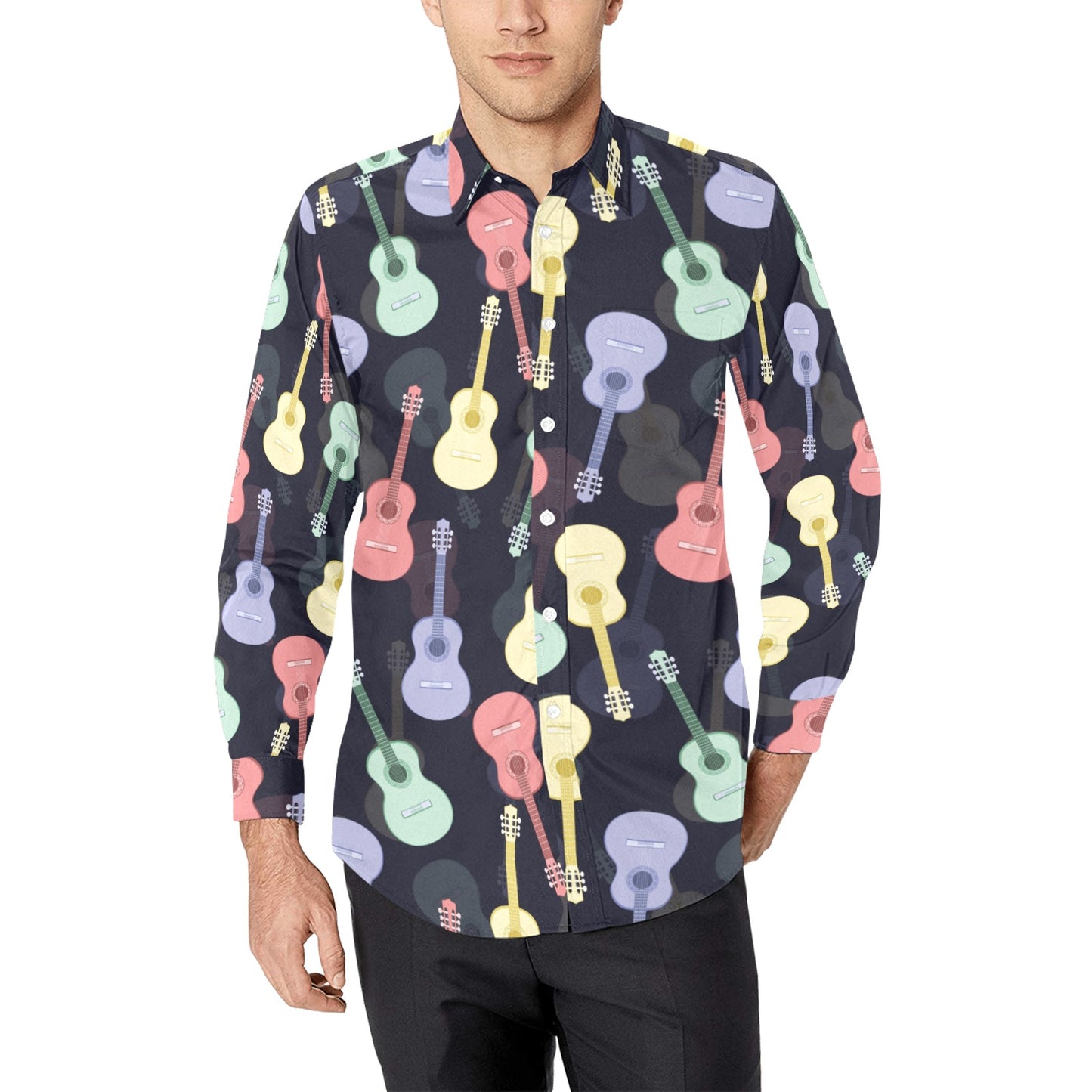 Acoustic Guitar Print Design LKS401 Men's Long Sleeve Dress Shirt