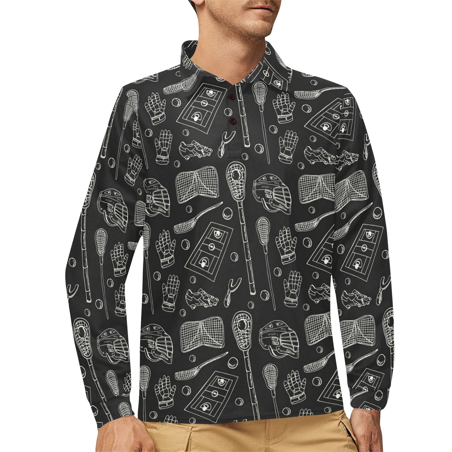 Lacrosse Pattern Print Design 01 Long Sleeve Polo Shirt For Men's