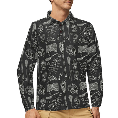 Lacrosse Pattern Print Design 01 Long Sleeve Polo Shirt For Men's