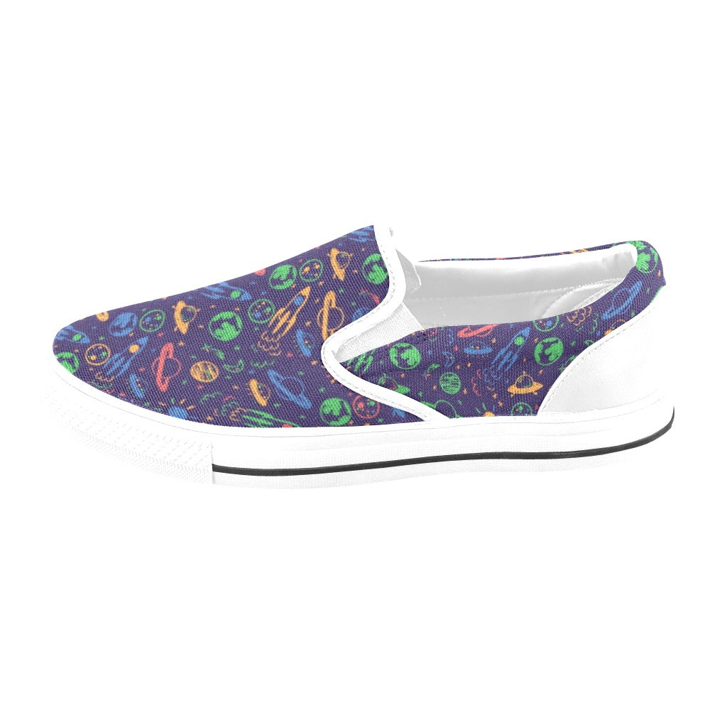 UFO Space Rocket Print Design LKS302 White Slip Ons Canvas Women's Shoes
