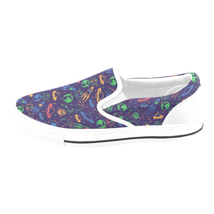 UFO Space Rocket Print Design LKS302 White Slip Ons Canvas Women's Shoes