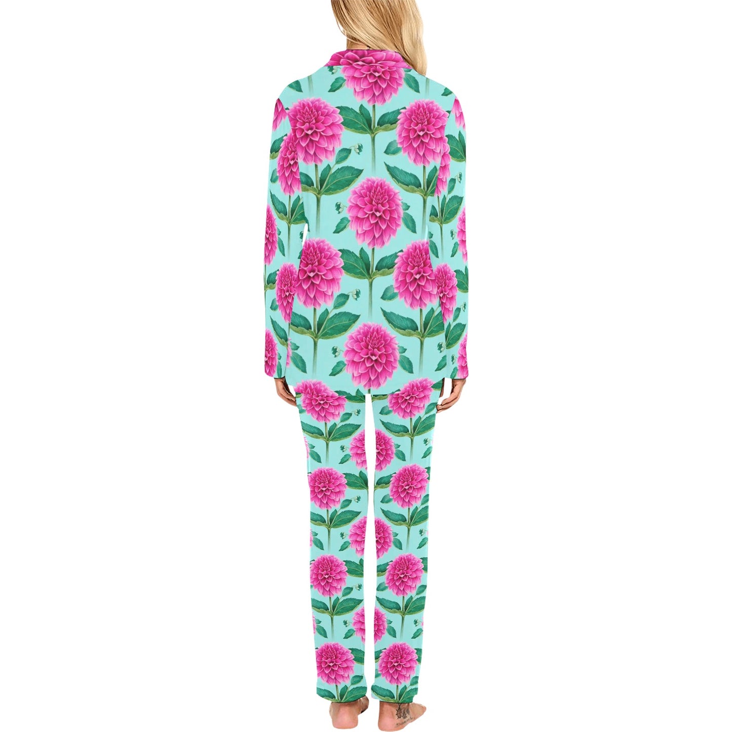 Dahlia Pattern Print Design DH08 Women's Long Pajama Set