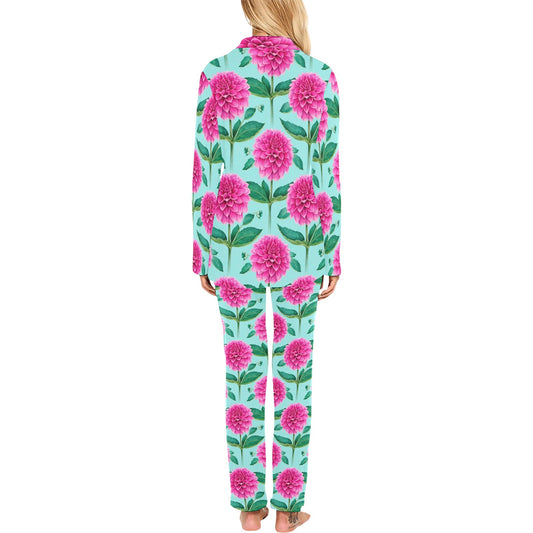Dahlia Pattern Print Design DH08 Women's Long Pajama Set