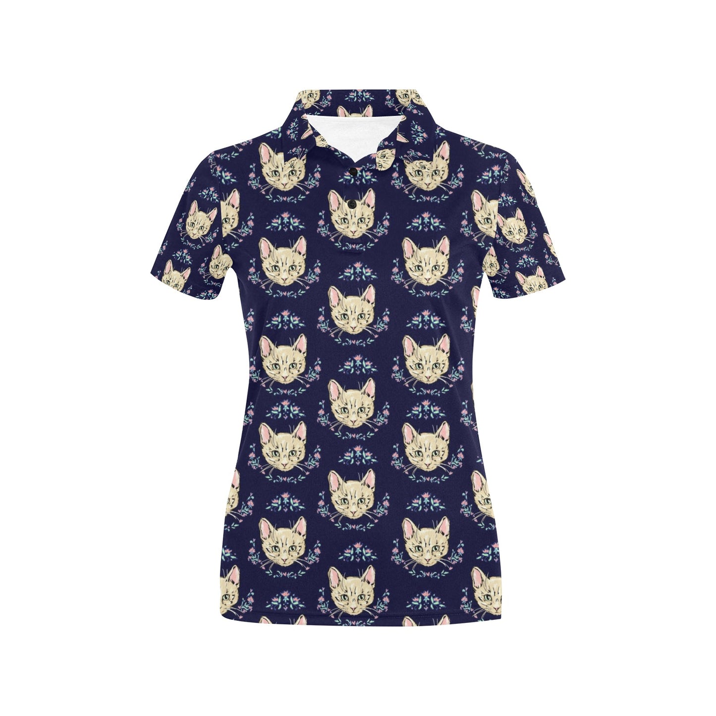 Cat Head with flower Print Pattern Women's Polo Shirt