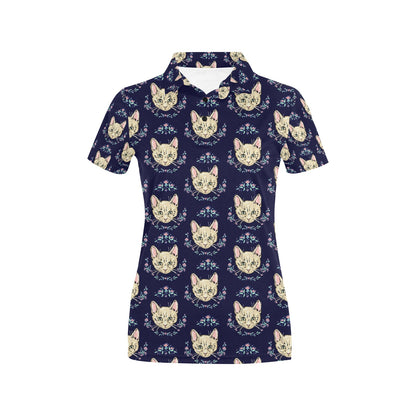 Cat Head with flower Print Pattern Women's Polo Shirt