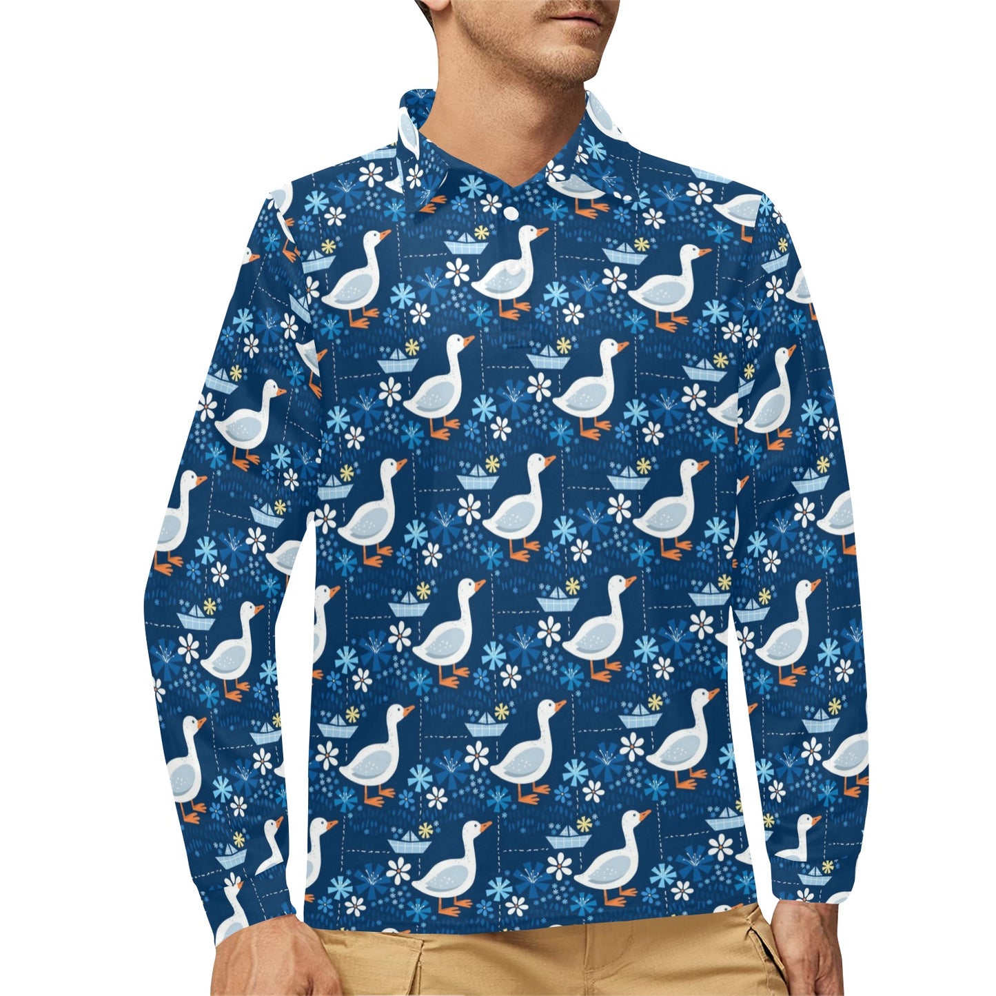 Goose Print Design LKS405 Long Sleeve Polo Shirt For Men's
