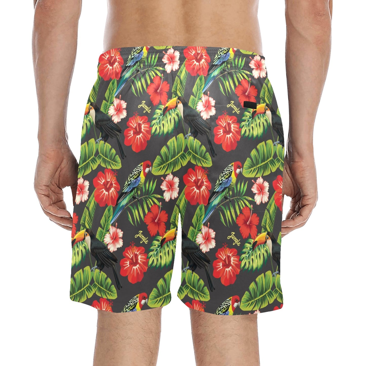 Hibiscus Red With Parrotprint Design LKS303 Men's Swim Trunks Beach Shorts