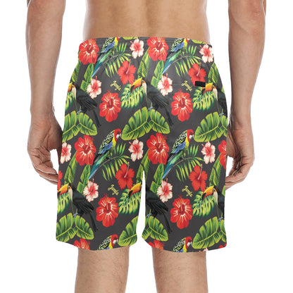 Hibiscus Red With Parrotprint Design LKS303 Men's Swim Trunks Beach Shorts