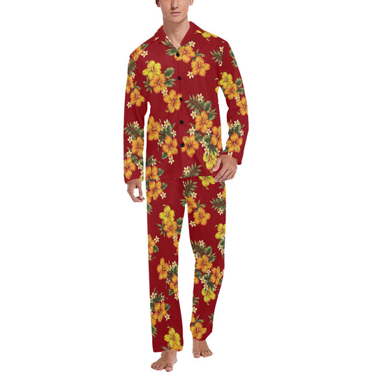 Orange Hibiscus Pattern Print Design HB026 Men's Long Pajama Set