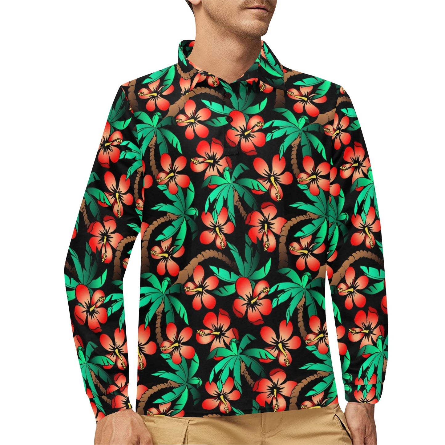 Hawaiian Themed Pattern Print Design H022 Long Sleeve Polo Shirt For Men's