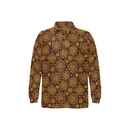 Gold Sunflower Hand Drawn Print Long Sleeve Polo Shirt For Men's