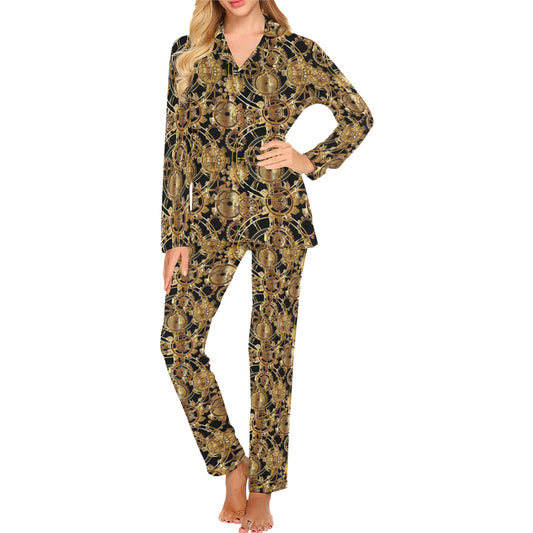 Steampunk Gear Design Themed Print Women's Long Pajama Set