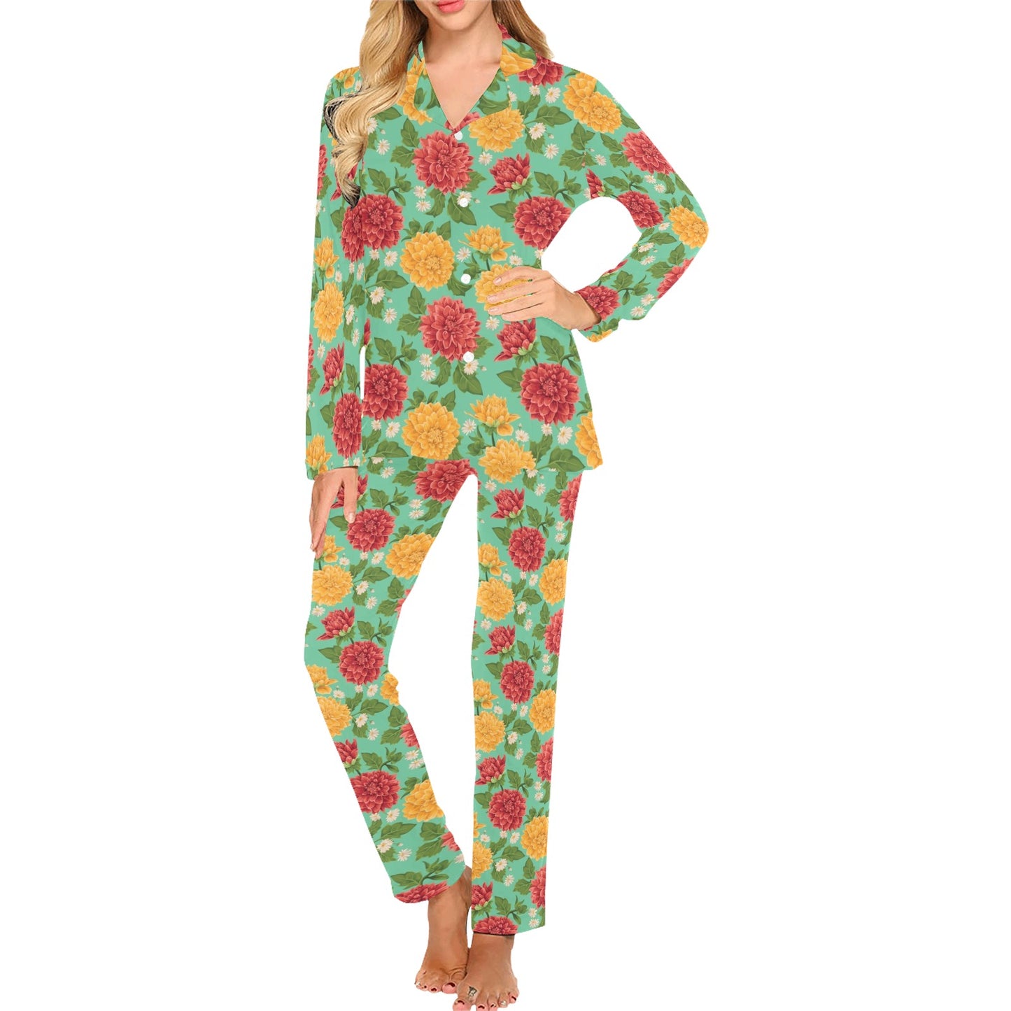 Dahlia Pattern Print Design DH011 Women's Long Pajama Set