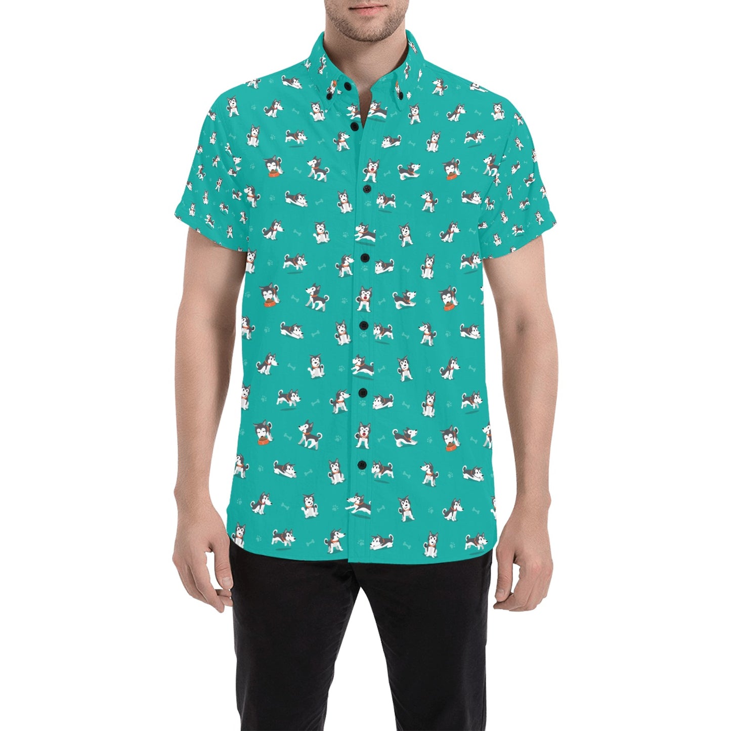 Siberian Huskies Print Design LKS303 Men Short Sleeve Button Up Shirt