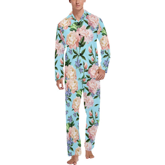 Peony Pattern Print Design PE02 Men's Long Pajama Set