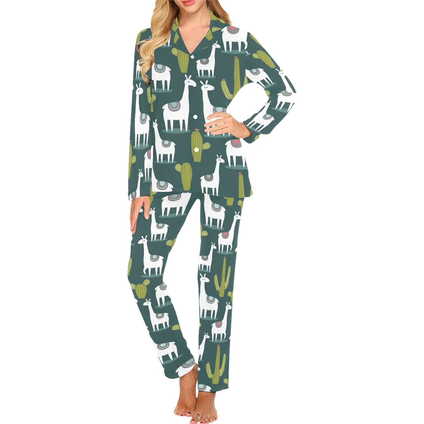 Llama Cactus Pattern Print Design 02 Women's Long Pajama Set