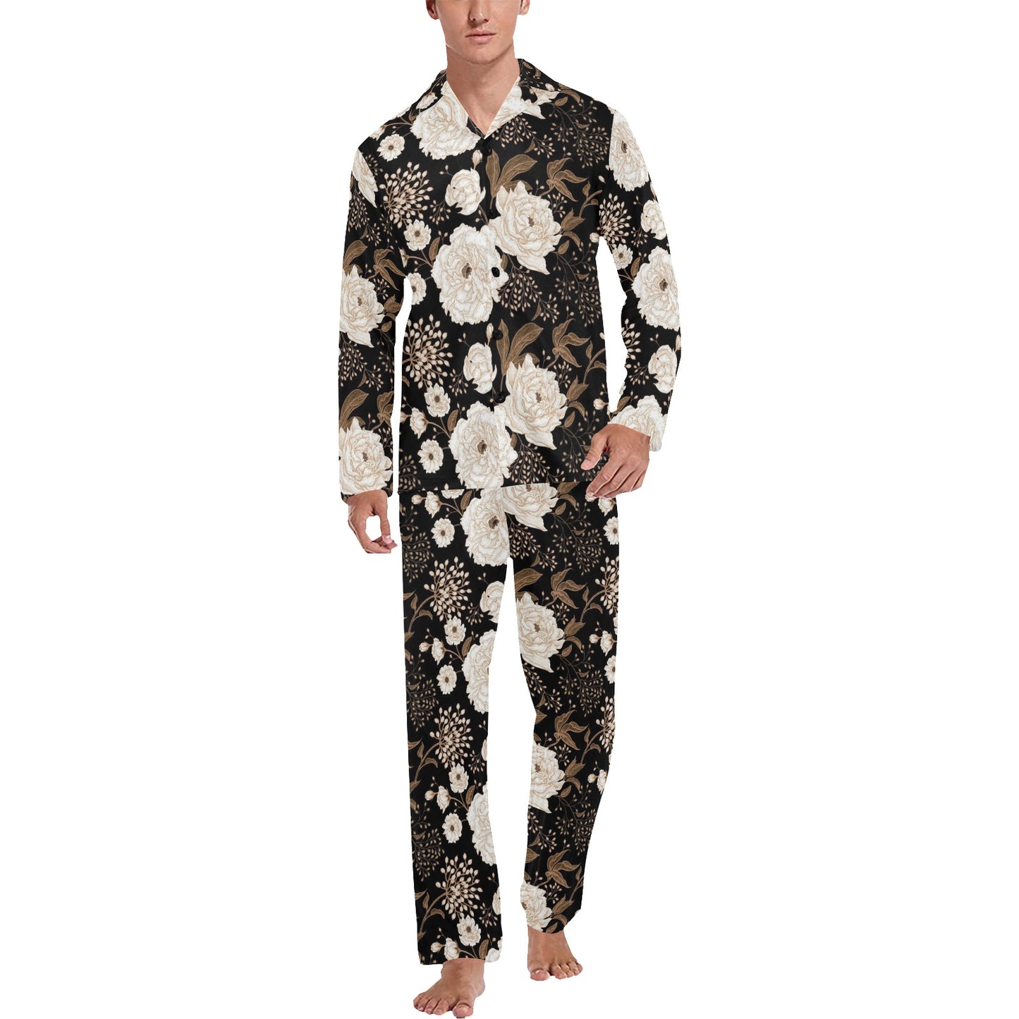 Peony Pattern Print Design A02 Men's Long Pajama Set